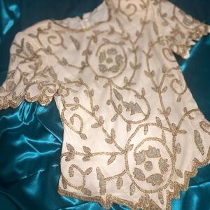 Vintage Laurence Kazar Embroidered White Top with Gold Sequin Vine Detailing